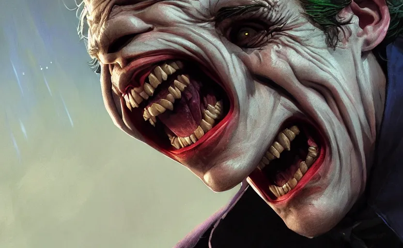 Image similar to highly detailed portrait of christoph waltz as the joker laughing, in batman comic book, stephen bliss, unreal engine, fantasy art by greg rutkowski, loish, rhads, ferdinand knab, makoto shinkai and lois van baarle, ilya kuvshinov, rossdraws, tom bagshaw, global illumination, radiant light, detailed and intricate environment