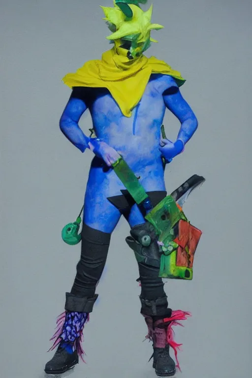 Prompt: a male character wearing a diy! costume,, punk, with fluo colored details and a transparent helmet, full body, muted colors, vivienne westwood, nausicaa, hyper real painting