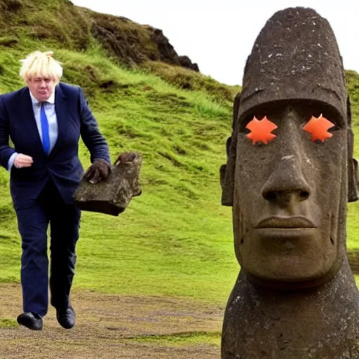 Prompt: Boris Johnson stealing a moai from Easter island