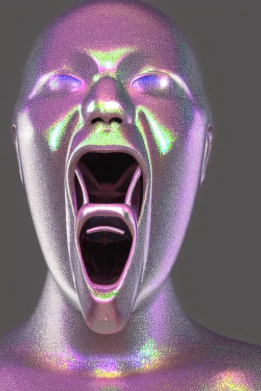 Prompt: 3d render of holographic angry human robotic screaming angry bust made of glossy iridescent, screaming, bust, surrealistic 3d illustration of a human non-binary, non binary model, 3d model human, cryengine, made of holographic texture, holographic material, holographic rainbow, concept of cyborg and artificial intelligence
