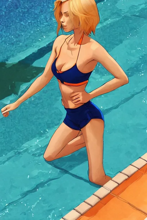 Image similar to a beautiful, very fit woman with hip-length blonde hair, wearing a short white crop top and short orange athletic shorts, stands by a swimming pool, facing forward, in the style of artgerm and moebius and annie liebovitz, photorealistic, highly detailed, trending on artstation