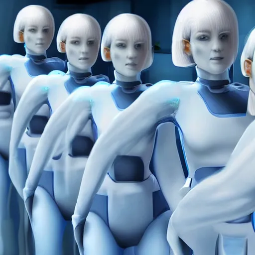 Prompt: troop of cloned older women with white bob hairdos, tight light blue neopren suits, futuristic cloning facility, sci - fi, highly detailed, cinematic