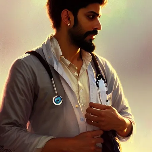 Image similar to Anxious good looking pale young Indian doctors wearing American clothes at the airport, portrait, elegant, intricate, digital painting, artstation, concept art, smooth, sharp focus, illustration, art by artgerm and greg rutkowski and alphonse mucha