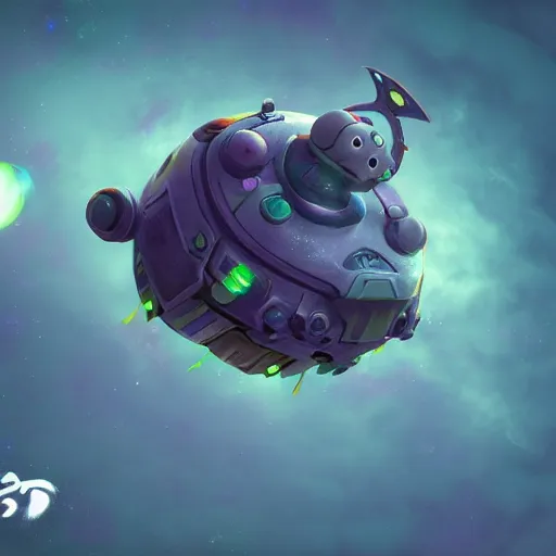 Image similar to 3D Fantasy Cute and adorable alien piggy spacecraft flying through space, bright stars, Smooth 3D Illustration, soft render, Servando Lupini, Daniil Kudriavtsev, handpaint texture, Blender, 3DCoat