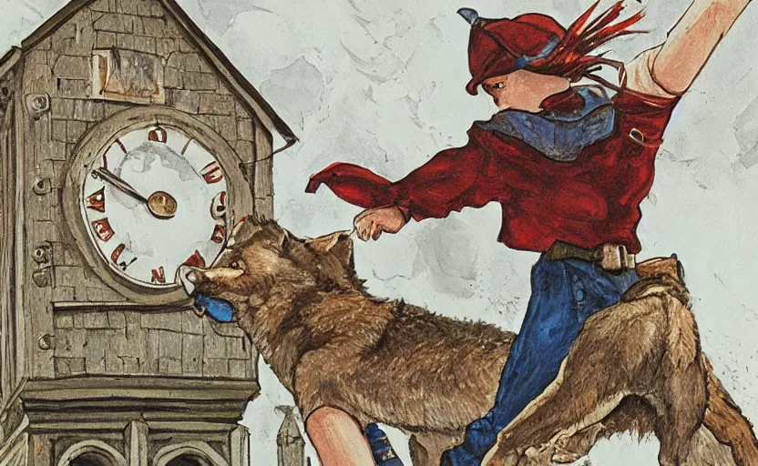 Image similar to a boy fighting a wolf on the edge of a clocktower, gouache, print