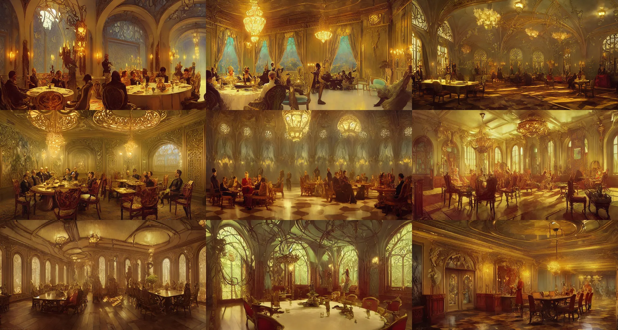 Prompt: royal dinner room, art nouveau architecture, fantasy, art by joseph leyendecker, ivan aivazovsky, ruan jia, reza afshar, marc simonetti, alphonse mucha