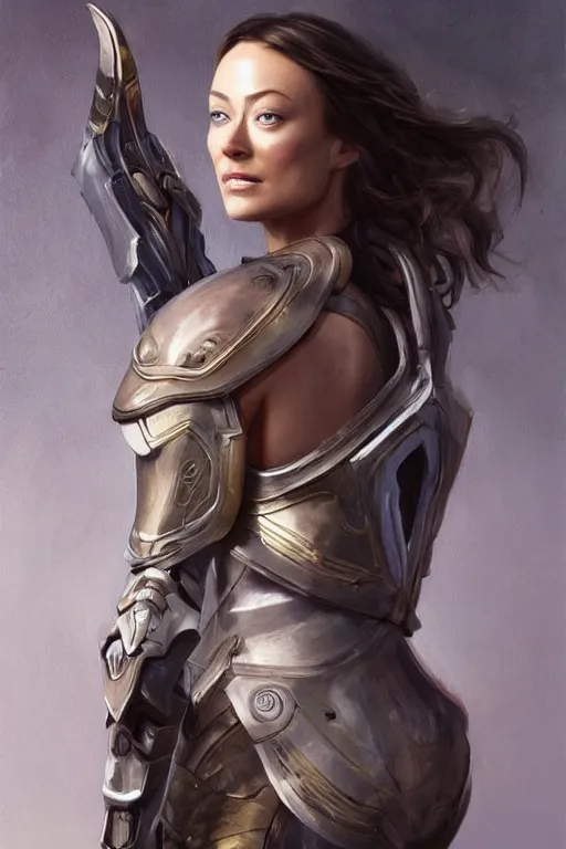 Image similar to a professional painting of a young Olivia Wilde, clothes in military armor, olive skin, long dark hair, beautiful bone structure, symmetrical facial features, intricate, elegant, digital painting, concept art, smooth, sharp focus, illustration, from StarCraft by Ruan Jia and Mandy Jurgens and Artgerm and William-Adolphe Bouguerea