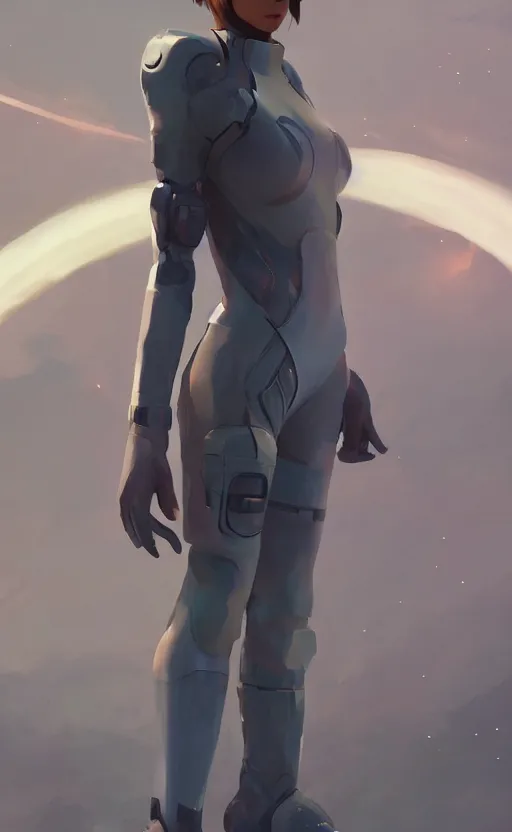 Image similar to sci fi female character, muted colored bodysuit, sci-fi large mechanical boots that go up to the thigh, soft lighting, wojtek fus, by Makoto Shinkai and Ilya Kuvshinov,