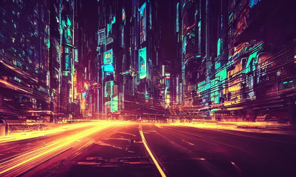 Image similar to photo of a cyberpunk city at night, long exposure photograph, light streaks, lens flare, 4k, grainy