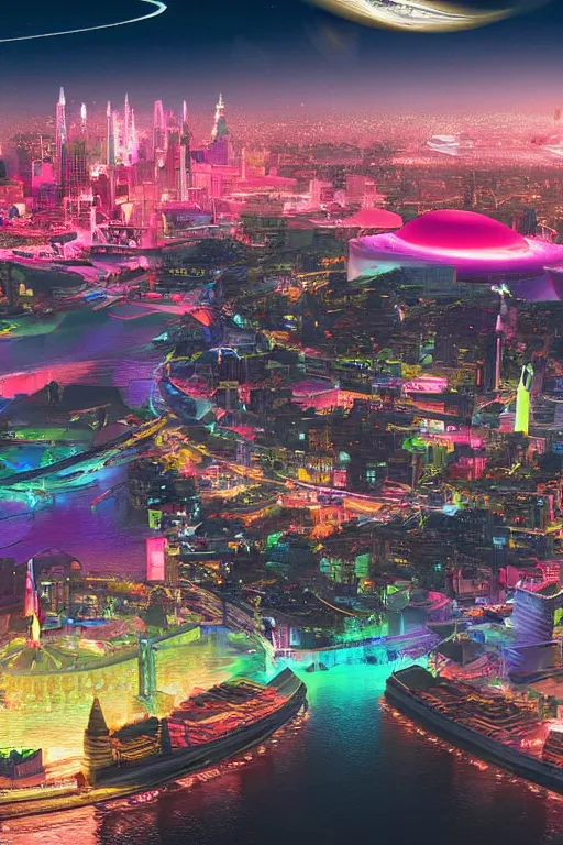 Image similar to A city of the future with thin bridges floating in the air and big unknown flying machines. The top is bright and colourful, with domes and glowing peaks of buildings; the bottom is dark and almost melting in the twilight, with glowing bright signs. Several colossal-sized moons with amazing rings are visible,