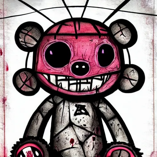 Image similar to grunge cartoon drawing of a teddy bear with bloody eyes by - invader zim, loony toons style, horror theme, detailed, elegant, intricate