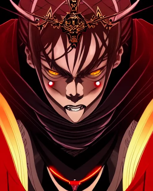 Prompt: single handsome young demon king man only, evil grin, manga style only, wallpaper aesthetic, black red and gold colors only, symmetrical face, symmetrical full body, demonic, first person view, cinematic, dramatic, super detailed and intricate, hyper realistic, by artgerm, by kyoung hwan kim, by ralph mcquarrie, by yoshiyuki tomino