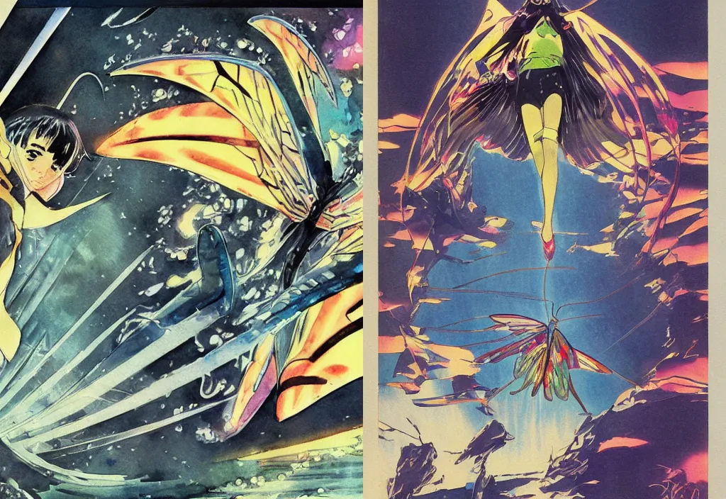 Prompt: a vintage anime 70s comic book watercolor of the great butterfly migration concept art by Syd Mead featured on DeviantArt, by Rae Klein and by Anthony Cudahy, dramatic lighting, ap art, love art, by Mark Tennant, fine art america, japanese art on behance