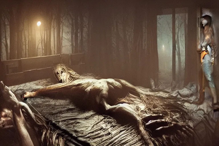 Image similar to photo of a wendigo in a bedroom, at night