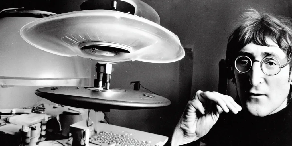 Image similar to John Lennon asa scientist working on a ufo, black & white photograph