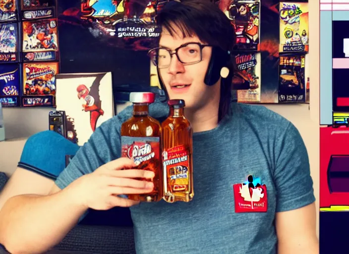 Image similar to retro video game youtuber in front of retro video games with a bottle of canadian maple syrup, eska water bottle, plate of poutine