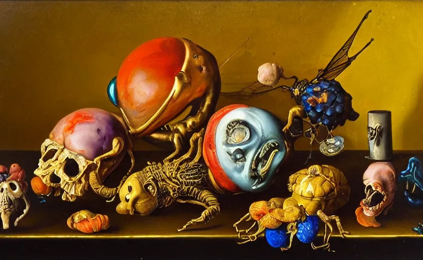 Image similar to disturbing colorful oil painting dutch golden age vanitas still life with bizarre objects strange gooey surfaces shiny metal bizarre insects rachel ruysch dali todd schorr very detailed perfect composition rule of thirds masterpiece canon 5 0 mm, cinematic lighting, photography, retro, film, kodachrome