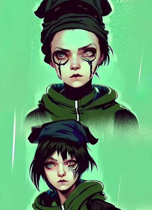 Prompt: highly detailed portrait of a sewer punk lady student, blue eyes, tartan hoody, black hair by atey ghailan, by greg rutkowski, by greg tocchini, by james gilleard, by joe fenton, by kaethe butcher, gradient green, black, brown and magenta color scheme, grunge aesthetic!!! ( ( graffiti tag wall background ) )