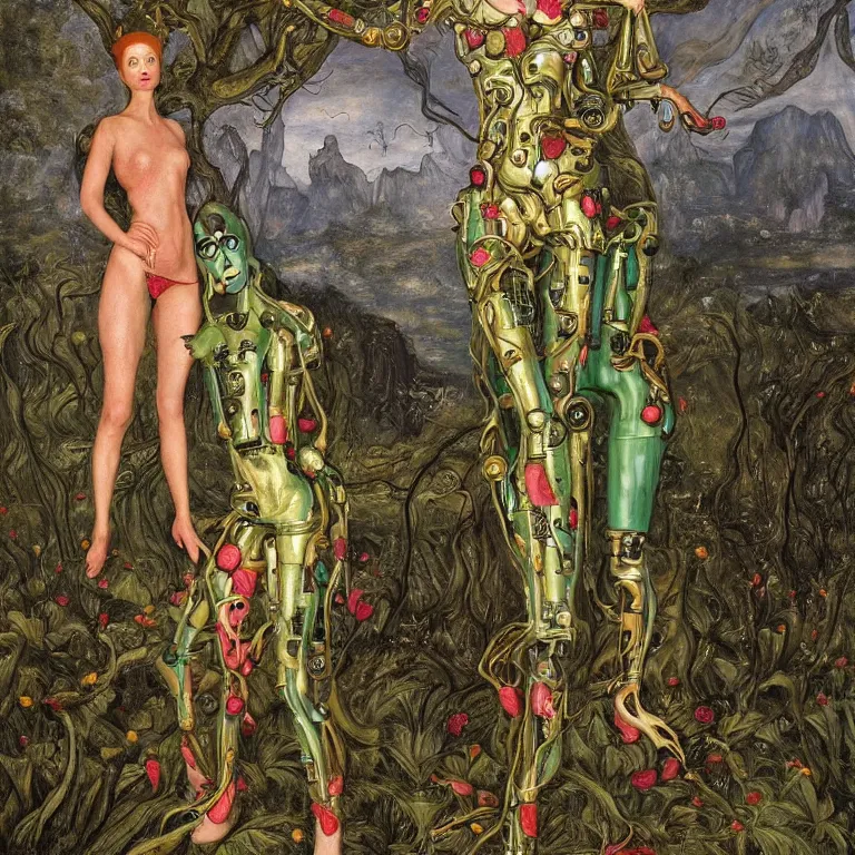 Prompt: a grinning dryad lady wearing a catsuit, who looks like a cybernetic alien stands pround in the middle of a river valley. around her are tropical birds and orchids and she is wearing an iris van herpen dress. painted by jan van eyck, egon schiele and max ernst, trending on artstation, 8 k, award winning, high octane