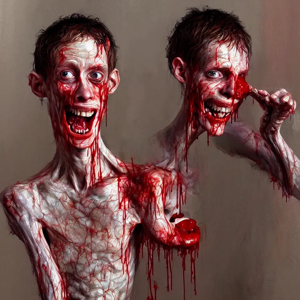 Prompt: bright realistic anorexic man puking blood and smiling franticly, apartment, rotten flesh, diffuse lighting, fantasy, intricate, elegant, highly detailed, lifelike, photorealistic, digital painting, artstation, illustration, concept art, smooth, sharp focus, art by francis bacon and jenny saville