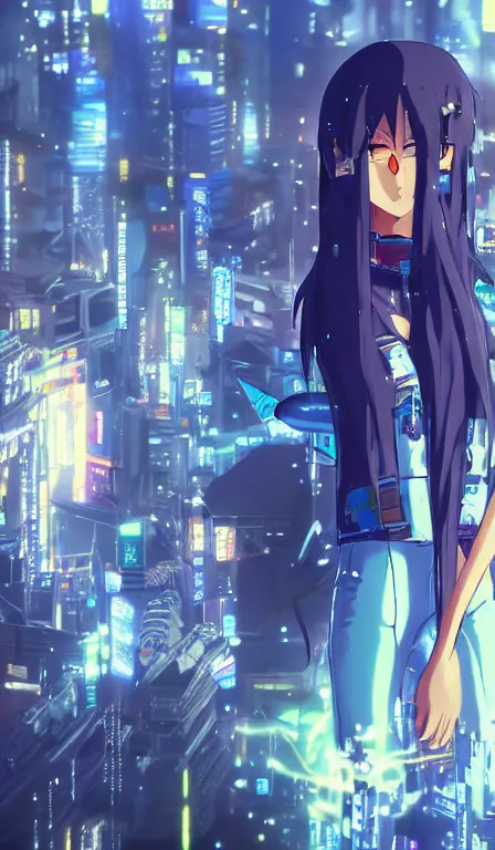 Image similar to anime fine details portrait of Rimuru Tempest in front of cyberpunk moder city landscape on the background deep bokeh, close-up view, anime masterpiece by Studio Ghibli. 8k, sharp high quality anime, artstation