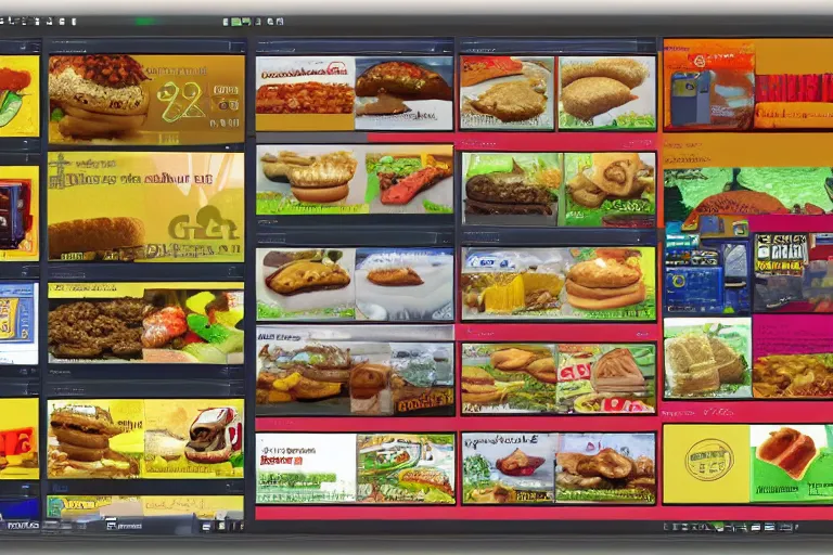 Prompt: hamburger themed gnu / linux desktop environment, linux mint, in 1 9 9 5, y 2 k cybercore, hamburger os, desktop screenshot