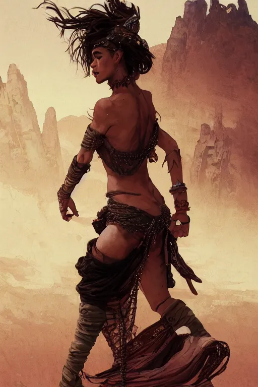 Image similar to a full body portrait of a beautiful post apocalyptic offworld desert bedouin thief savage rogue in ballet pose by the emerald oasis pools, intricate, elegant, highly detailed, digital painting, artstation, concept art, smooth, sharp focus, illustration, art by krenz cushart and artem demura and alphonse mucha