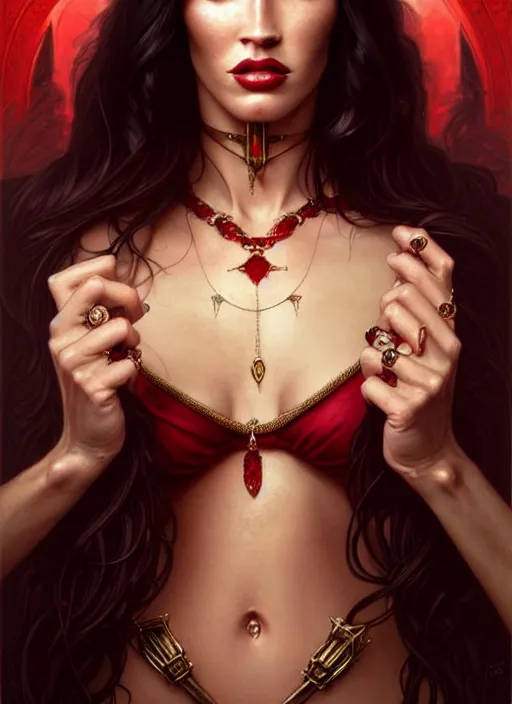 Image similar to portrait of megan fox as a vampire queen, jewelry, greek, ruby, intricate, headshot, highly detailed, digital painting, artstation, concept art, sharp focus, cinematic lighting, illustration, art by artgerm and greg rutkowski, alphonse mucha, cgsociety