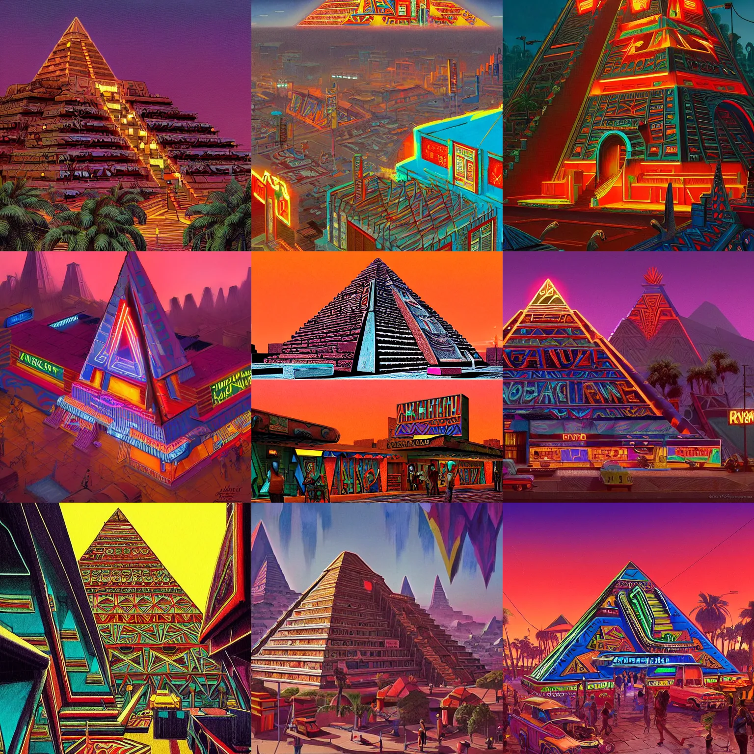 Prompt: Aztec Pyramid googie architecture in 1965 a aztec city, neon signs and googie style apartments highly detailed, digital painting, artstation, concept art, sharp focus, illustration, in style of Dinotopia and James Gurney and Greg Rutkowski