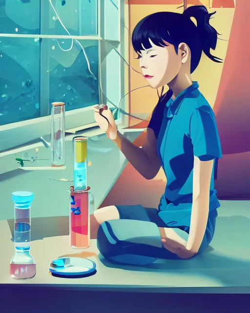 Image similar to a little girl is doing a science experiment. clean cel shaded vector art. minimalist illustration art by lois van baarle, artgerm, helen huang by makoto shinkai and ilya kuvshinov, rossdraws