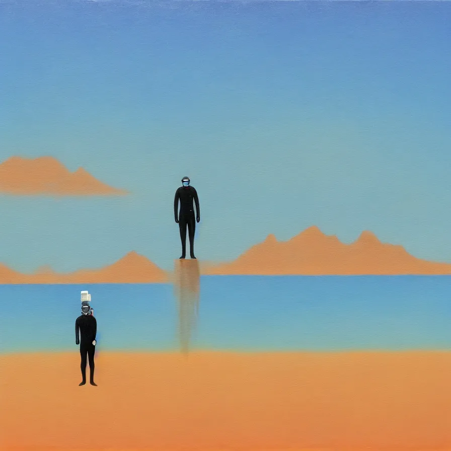 Prompt: a single scuba divers is standing alone in a small wading pool. the pool is surrounded by desert sand ; mountain range in the background. the sky is cloudless. surrealist painting,