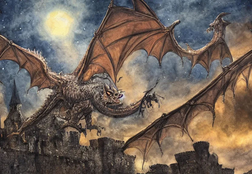 Image similar to dragon possum flying over a medieval castle under a dark starred sky, dark fantasy, watercolor, dreaming illusion, highly detailed, 4k, trending on Artstation, award-winning