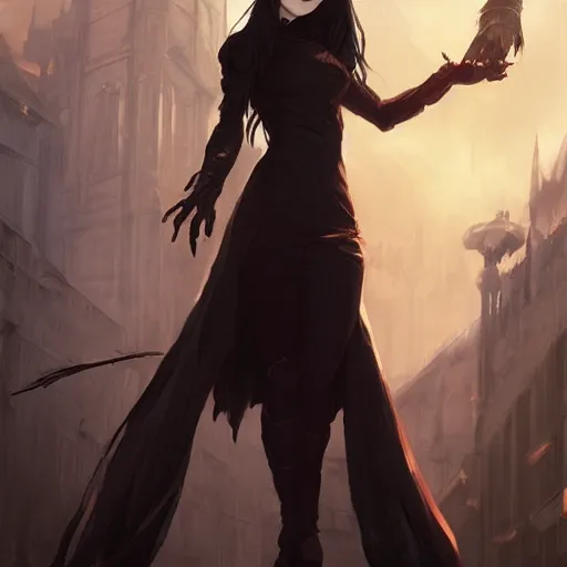 Image similar to female human vampire witch in the style of greg rutkowski, makoto shinkai, trending on artstation, character design, concept art, pretty face, highly detailed, long black hair, portrait, digital art