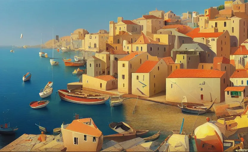 Prompt: An oil painting of a beautiful Mediterranean fishing village, boats, calm, aerial view, by Michiel Schrijver
