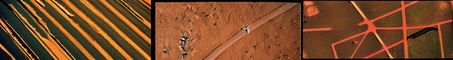 Prompt: 1970s Aerial survey photograph of dirt roads aligned in a starburst pattern in the californian, Kodak Ektachrome 400 ASA Film stock, Warm tones