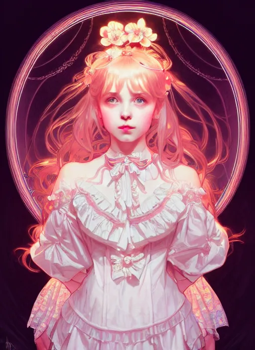 Image similar to symmetry!! cute girl in lolita clothes, intricate, elegant, glowing lights!! highly detailed, digital painting, artstation, concept art, smooth, sharp focus, illustration, art by artgerm and greg rutkowski and alphonse mucha