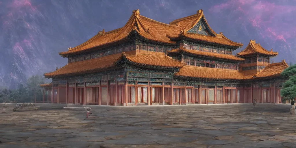 Image similar to magnificent chinese immortal palace, mineral color painting, concept art, dreamy, render by octane and blender, hyper realistic, cinematic lighting, unreal engin 5, by krenz cushart, 8 k, vray render, artstation, deviantart