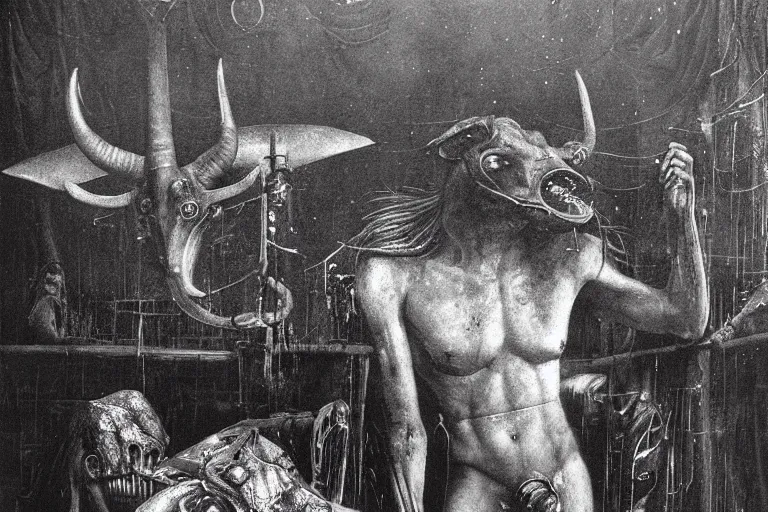 Prompt: a minotaur in a nightclub, by giger and beksinski