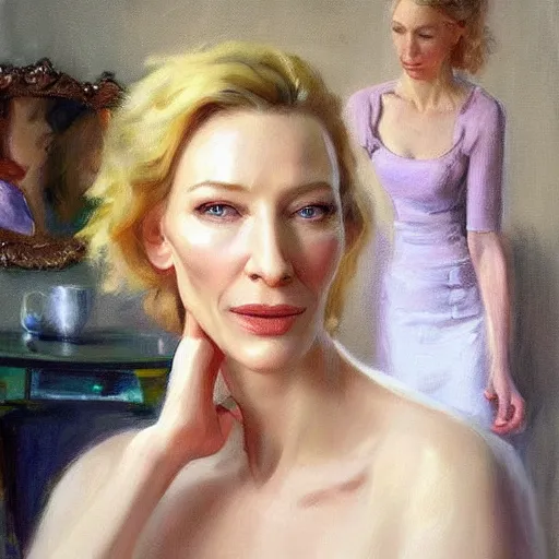 Image similar to cate blanchett in low-cut blouse in front of a mirror, painting by Vladimir Volegov