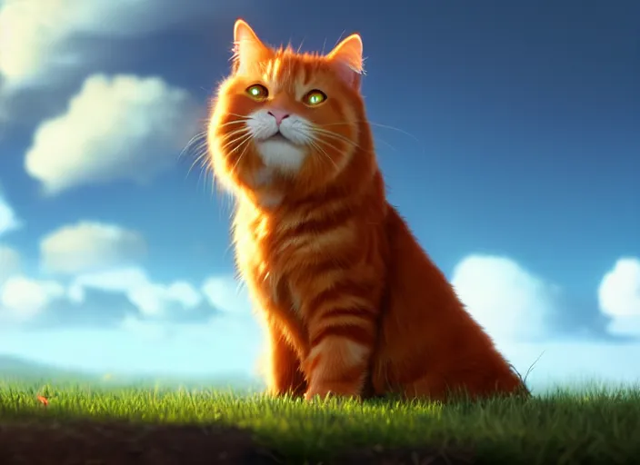 Image similar to a portrait of ginger cat yawning, close up, studio ghibli, pixar and disney animation, sharp, rendered in unreal engine 5, clear sky, anime key art by greg rutkowski, bloom, dramatic lighting