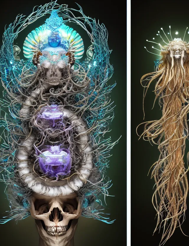 Image similar to goddess macro shouler portrait from bottom to top in crown made of ram skull. betta fish, jellyfish phoenix, bioluminiscent, plasma, ice, water, wind, creature, super intricate ornaments artwork by tooth wu and wlop and shofff and greg rutkowski