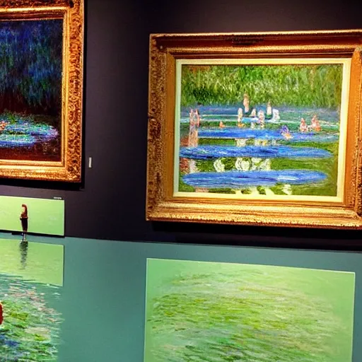 Image similar to An art gallery displaying Monet paintings. The art gallery is flooded. Robots are going around the art gallery using paddle boards