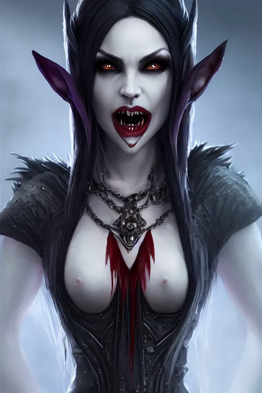 Image similar to dark elf vampire princess with fangs, highly detailed, d & d, fantasy, highly detailed, digital painting, trending on artstation, concept art, sharp focus, illustration, global illumination, ray tracing, realistic shaded, art by artgerm and greg rutkowski and fuji choko and viktoria gavrilenko and hoang lap