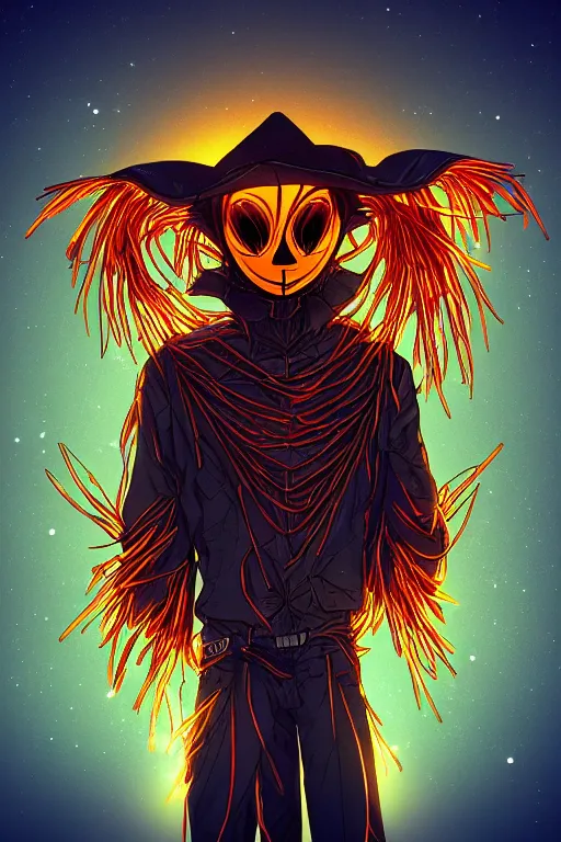 Image similar to glowing scarecrow, symmetrical, highly detailed, digital art, sharp focus, trending on art station, anime art style