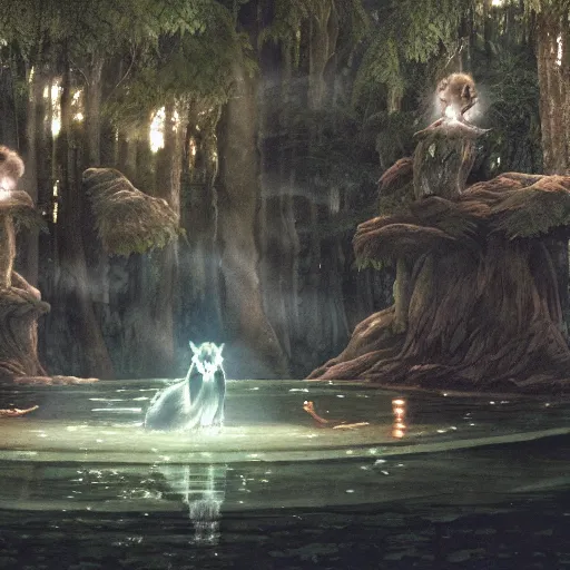 Image similar to a spirit wolf forest drinking water from an illuminated pool, hayao miyazaki, masashi ando, nizou yamamoto, kazuo oga, joe hisaishi, yoji takeshige, naoya tanaka