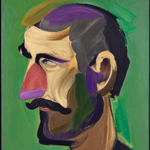 Prompt: bearded profile of a beautiful man, broad brush, detailed, purple, white, green colour scheme oil on canvas, by joshua miels, willem de kooning, giorgio griffa, niele toroni