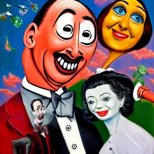 Image similar to beautiful lifelike painting of peewee herman partying with mary poppins on pluto, hyperreal detailed facial features and uv lighting, art by ed roth and basil wolverton