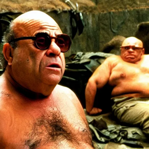 Prompt: danny devito as captain benjamin in apocalypse now, 8k resolution, full HD, cinematic lighting, award winning, anatomically correct