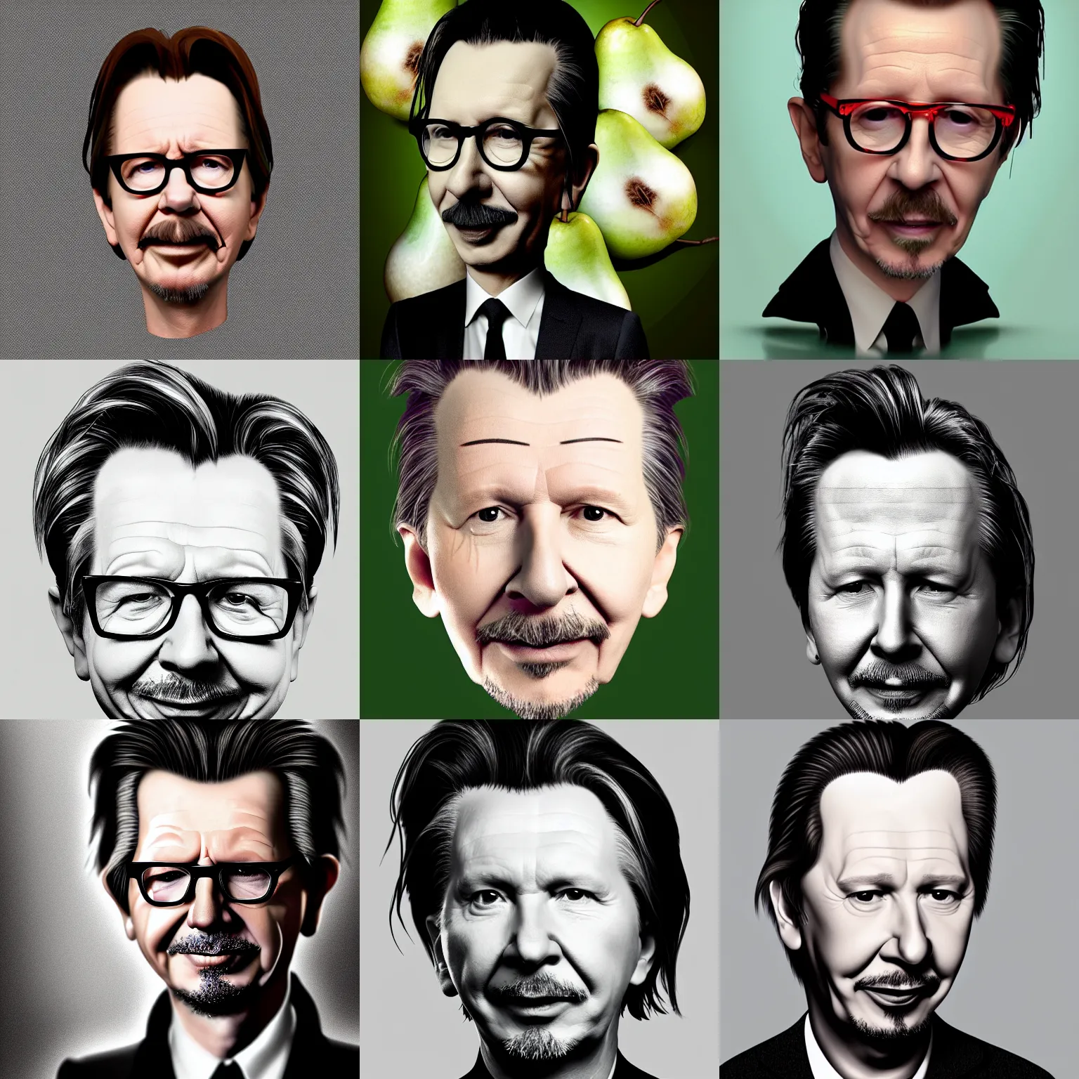 Prompt: gary oldman's face on a pear, gary oldman with a pear for a head, trending on artstation