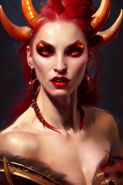 Prompt: painted close - up portrait of a very attractive red - skinned intimidating demon alien girl with ram horns! oil painting, wearing a noblewoman's outfit, fantasy art by john singer sargent and gaston bussiere and james jean and greg rutkowski, demon noble character design, hd